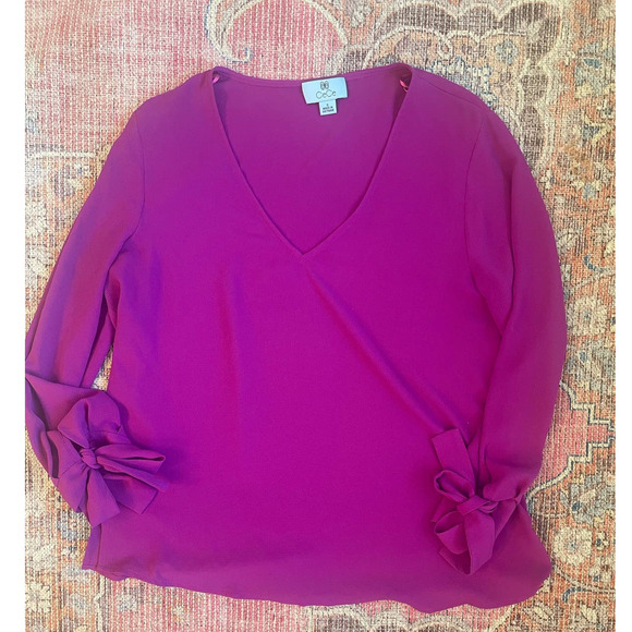 Cece Womens S Pink Tie Sleeve Blend V Neck, Fuchsia - Picture 1 of 5